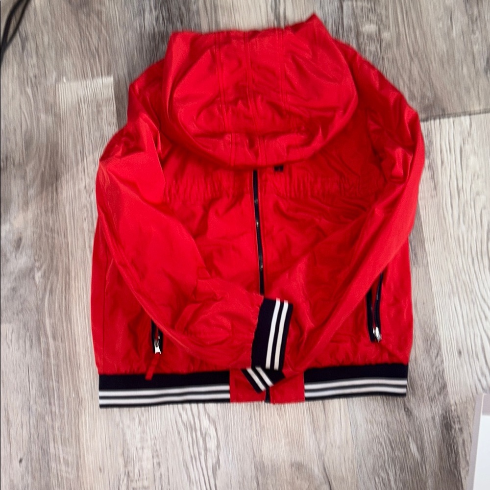 Tommy Hilfiger Red Raincoat with Sporty Striped Trim